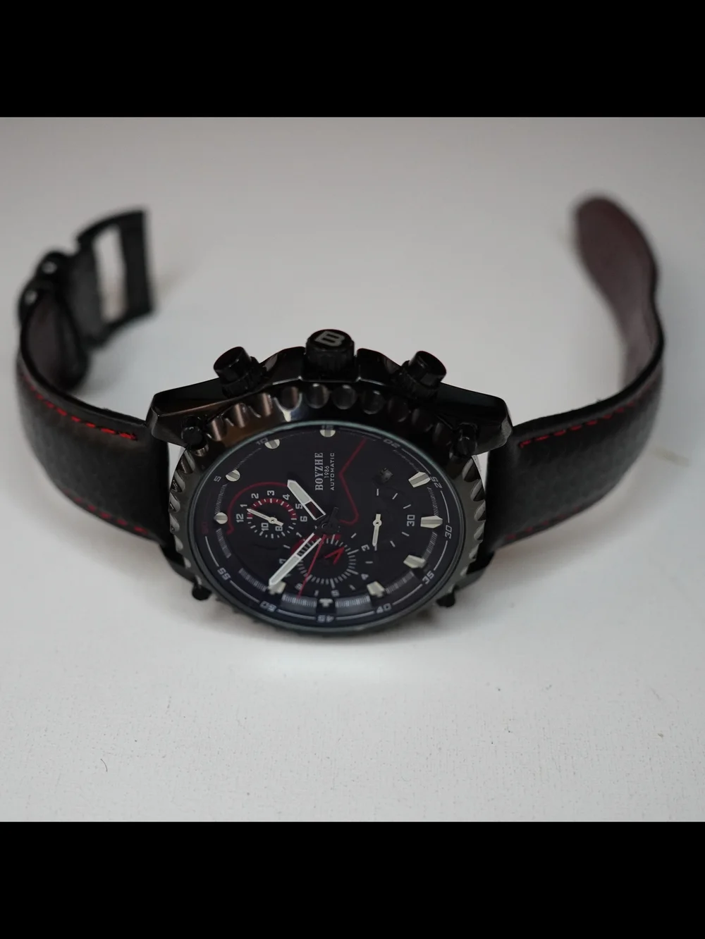 BOYZHE F1908 Automatic Men's Watch 47mm Black Red Dial Leather Strap Date